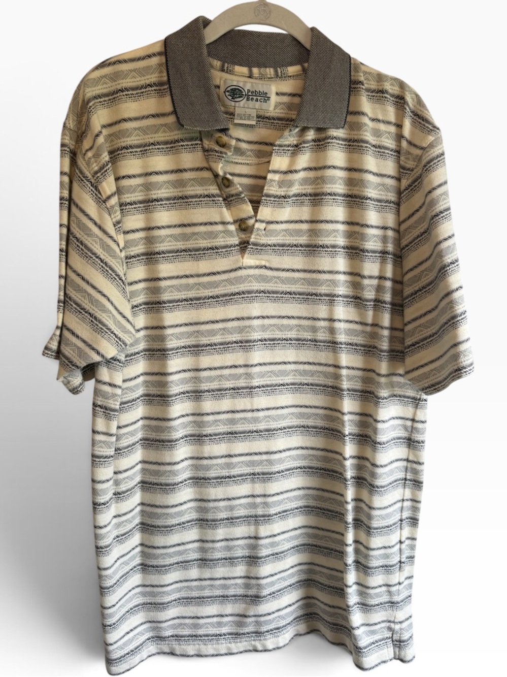 Pebble Beach Men’s Golf Polo Geometric Stripe Beige Black Short Sleeve